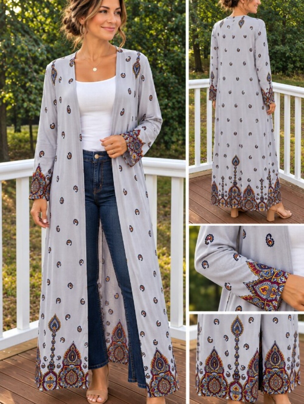 Ups & Downs Large LT GRAY Paisley Maxi Duster Cardigan Boho Festival Cottagecore